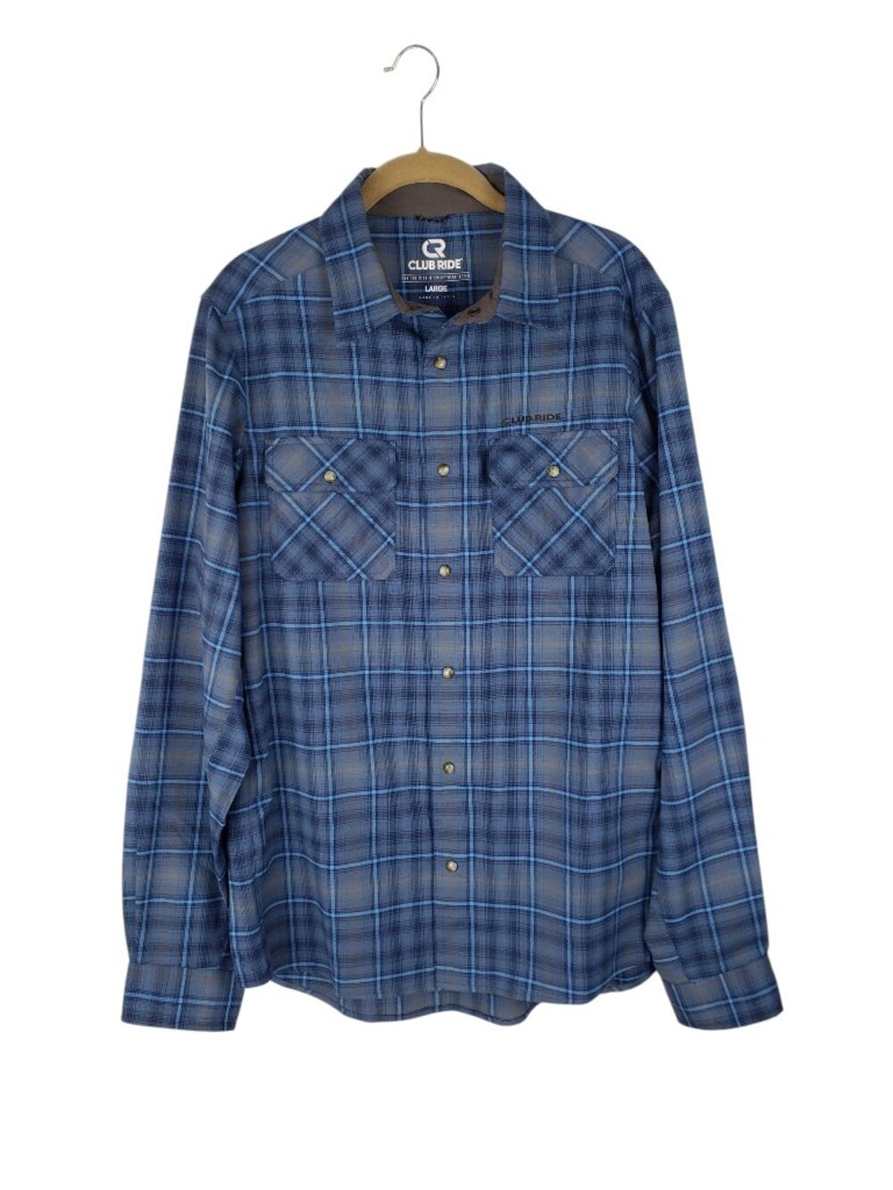 Club Ride Daniel Pearl Snap Flannel Shirt Cycling Bike Blue Plaid Mens Large